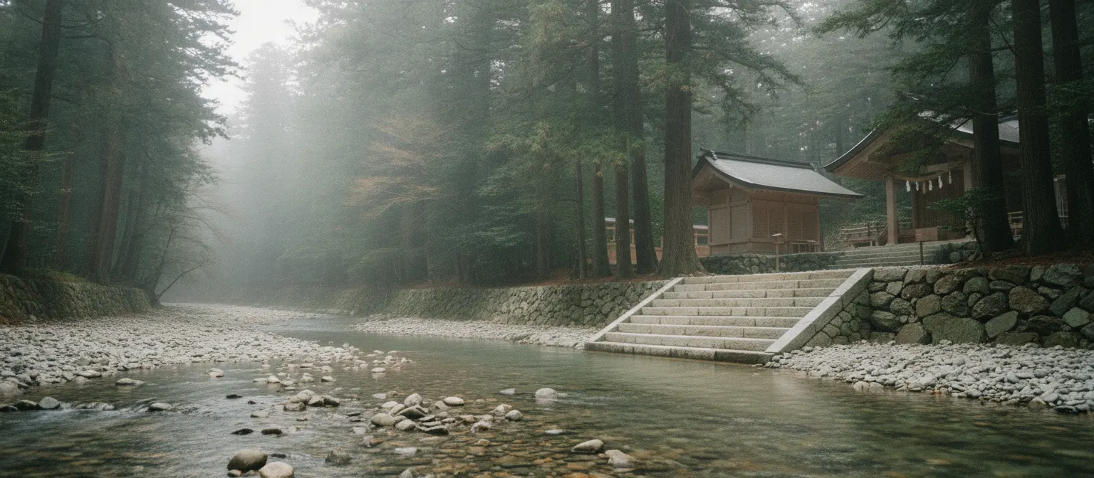 杉の森を流れる川と、社へ続く石段