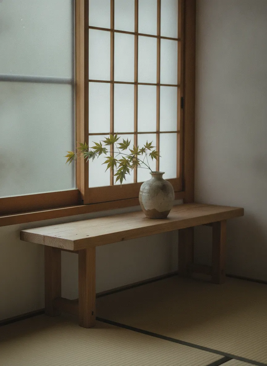 窓辺の白木のベンチと紅葉の枝