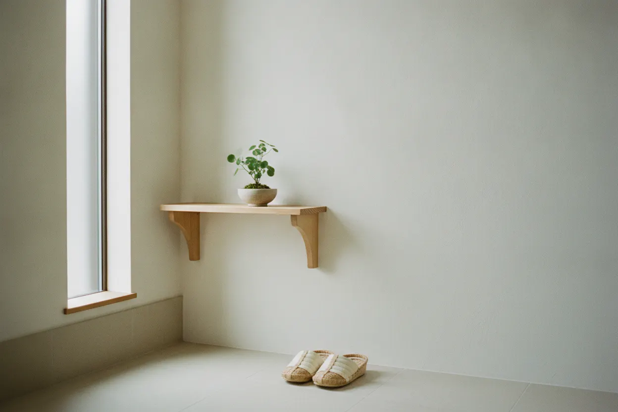 白い壁の玄関。木の小さな棚に植物をひとつ、床にはそろえたスリッパ
