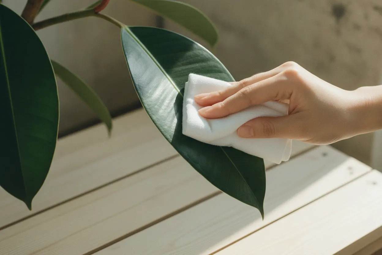 やわらかい布でゴムの木の葉を拭く手