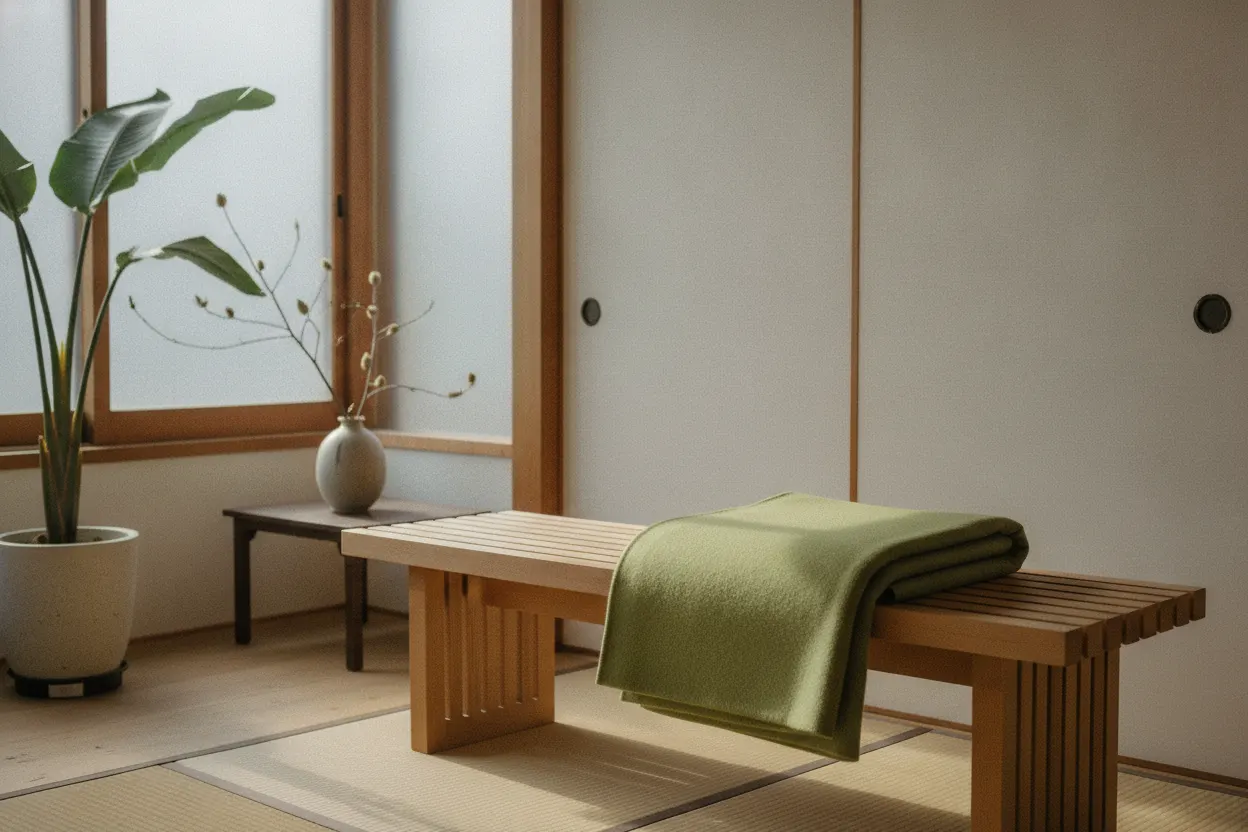 晩秋の和室。窓辺の植物と、ベンチに畳んだ毛布、一輪挿しの枝
