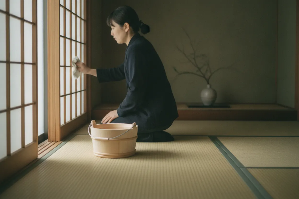 年の暮れの和室。障子の桟を白い布で拭く人と、畳の上の木の桶
