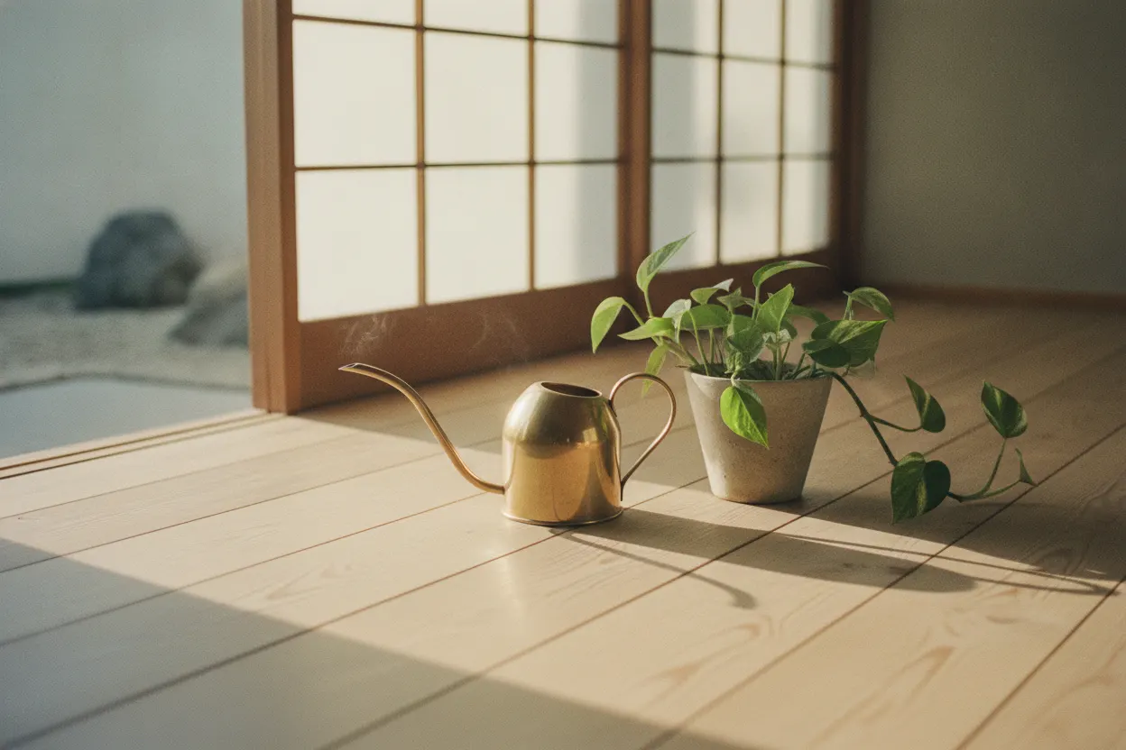 冬の朝、障子越しの光の中に置かれたじょうろと観葉植物